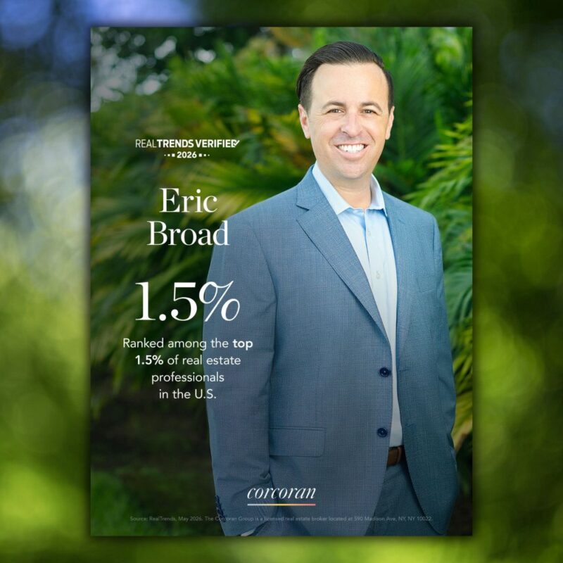 Poster featuring real estate agent Eric Broad in a blue suit, with large 1.5% text and 'Real Trends Verified' at the top, set against green foliage.